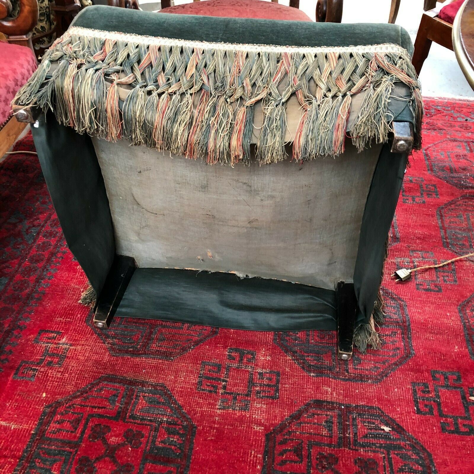 Tabouret pouf carré en velours vert 19e siècle