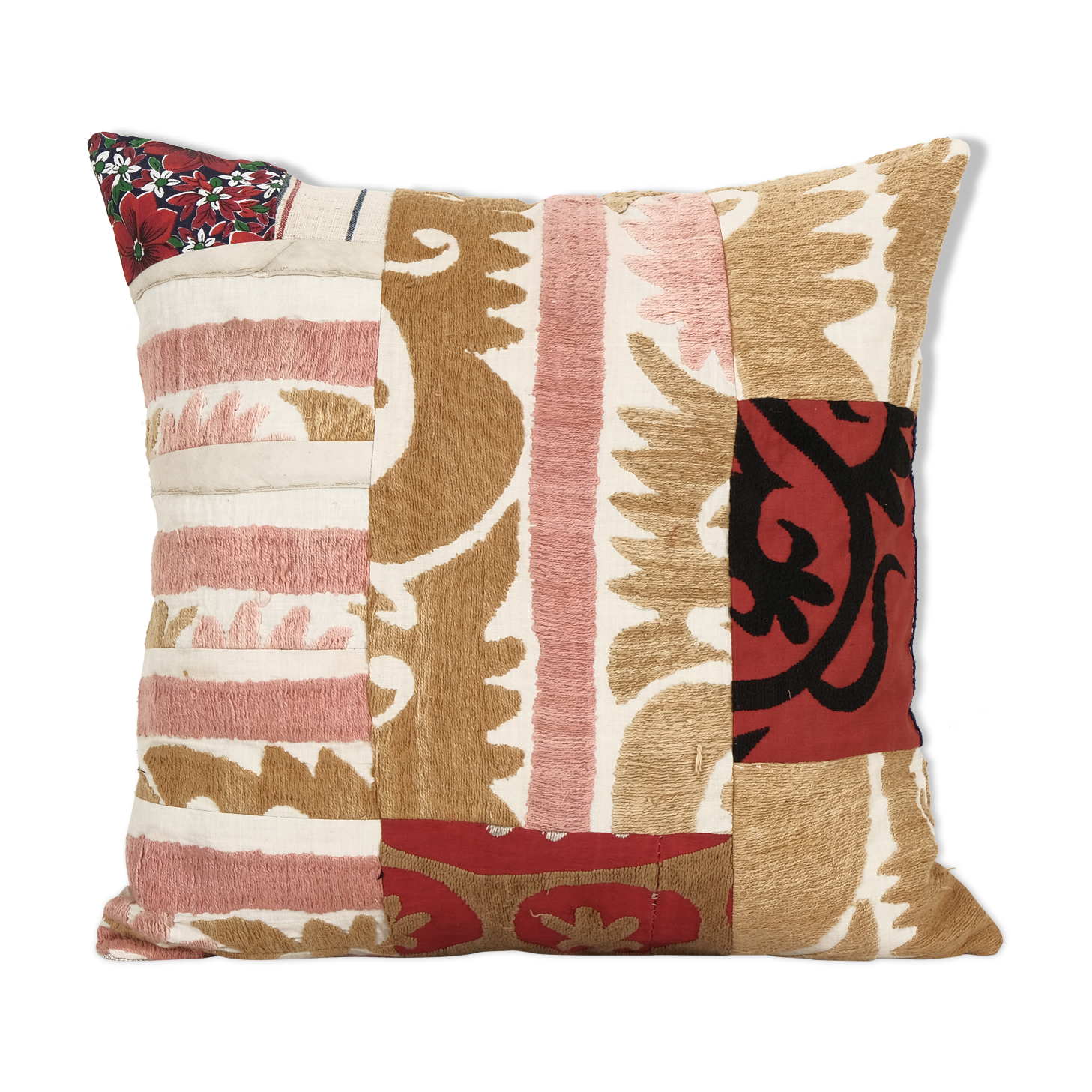 Vintage neutral suzani patchwork pillow fashioned from a mid-20th century samarkand suzani