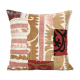 Vintage neutral suzani patchwork pillow fashioned from a mid-20th century samarkand suzani