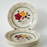 Set of 6 flat plates with flowers and tiles Gien model "Esterel", 1950