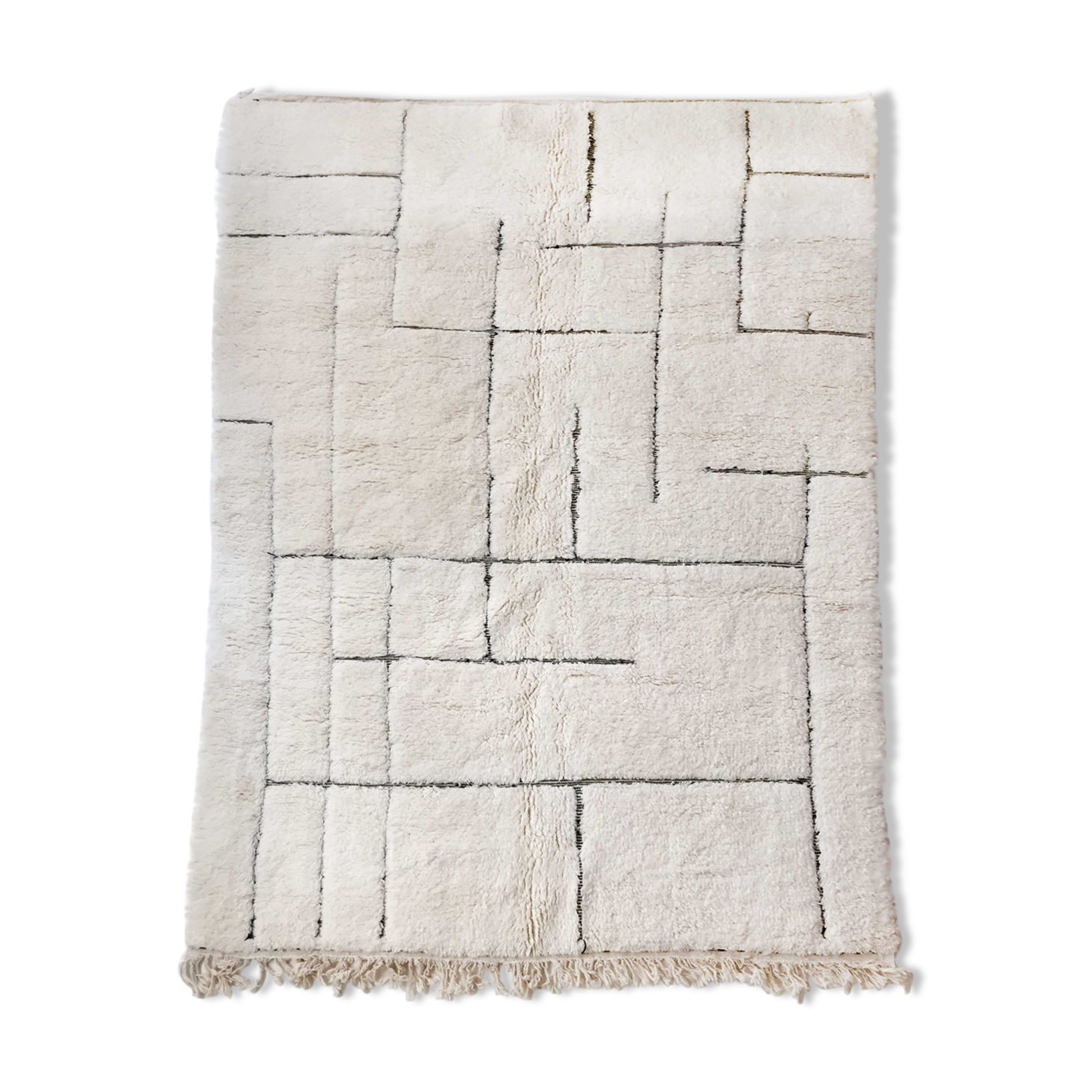 Moroccan Berber carpet Beni Ouarain ecru with black graphic patterns engraved 294x199cm