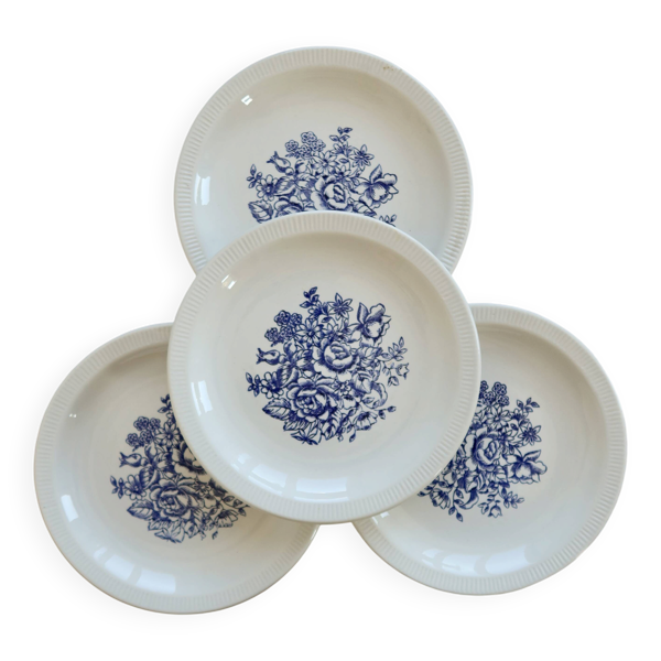 4 assiettes à dessert vintage en porcelaine – Décor bouquet fleuri bleu