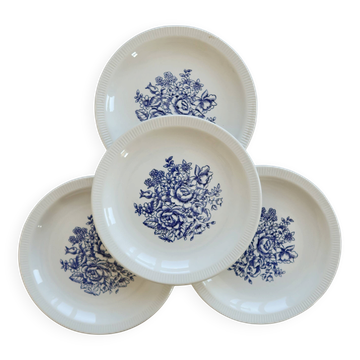 4 assiettes à dessert vintage en porcelaine – Décor bouquet fleuri bleu