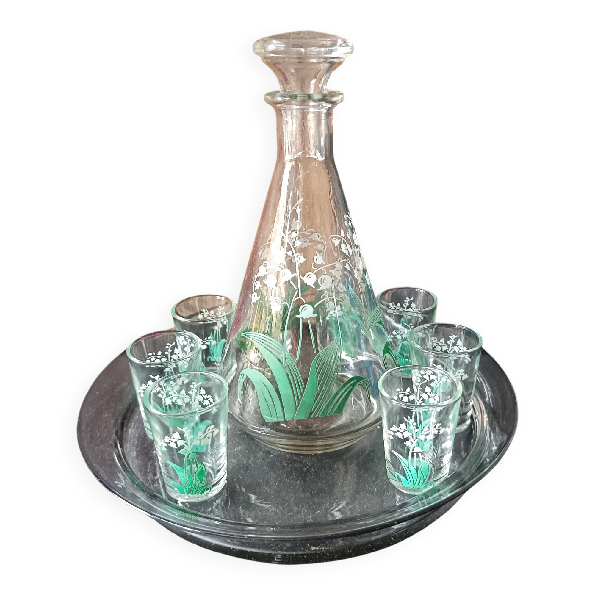 Vintage silkscreened lily of the valley motif liqueur set, 1940/50