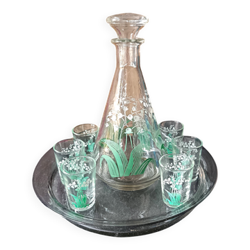 Vintage silkscreened lily of the valley motif liqueur set, 1940/50