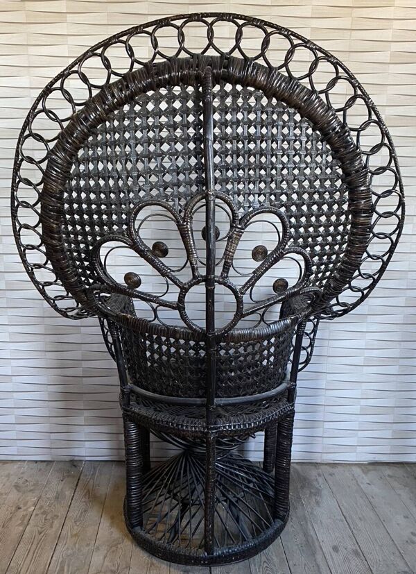 Fauteuil Emmanuelle, queue de paon (peacock), rotin, wengé, vintage, années 70