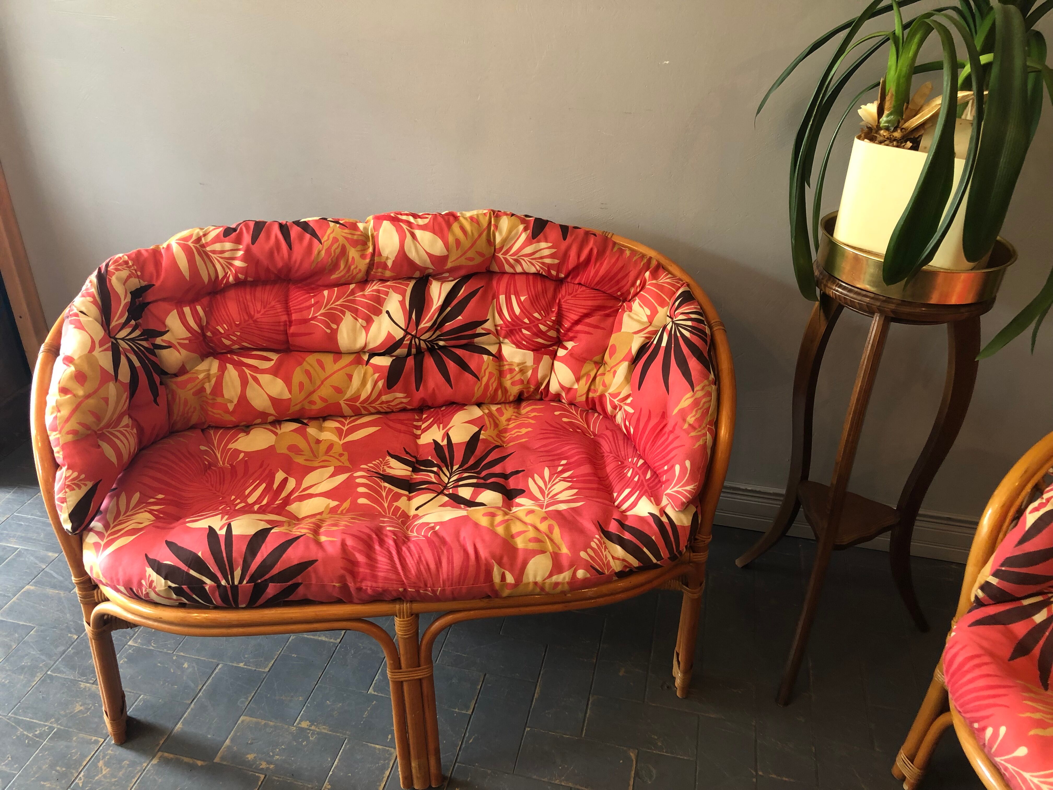 Bamboo and rattan bench and armchair