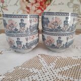 Set of 4 Japanese tea cups without handle pale blue and pink décor