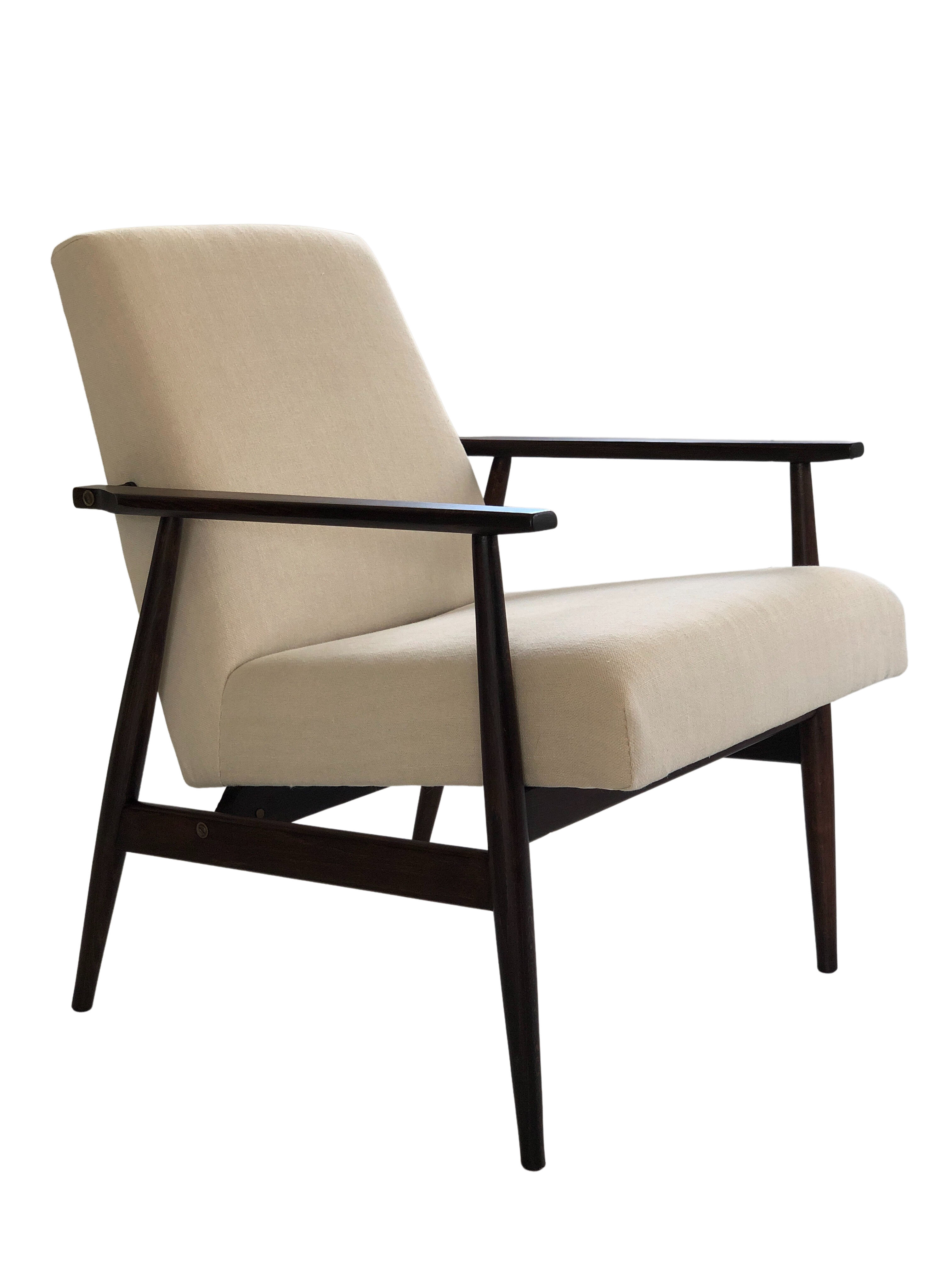 Mid-century beige linen armchair with a stool by Henryk lis, 1960s, set of 2