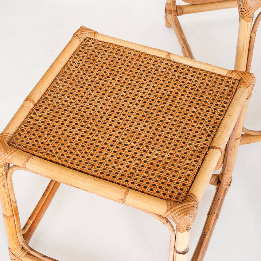 Set of three vintage nesting tables in cane. France, 1960s