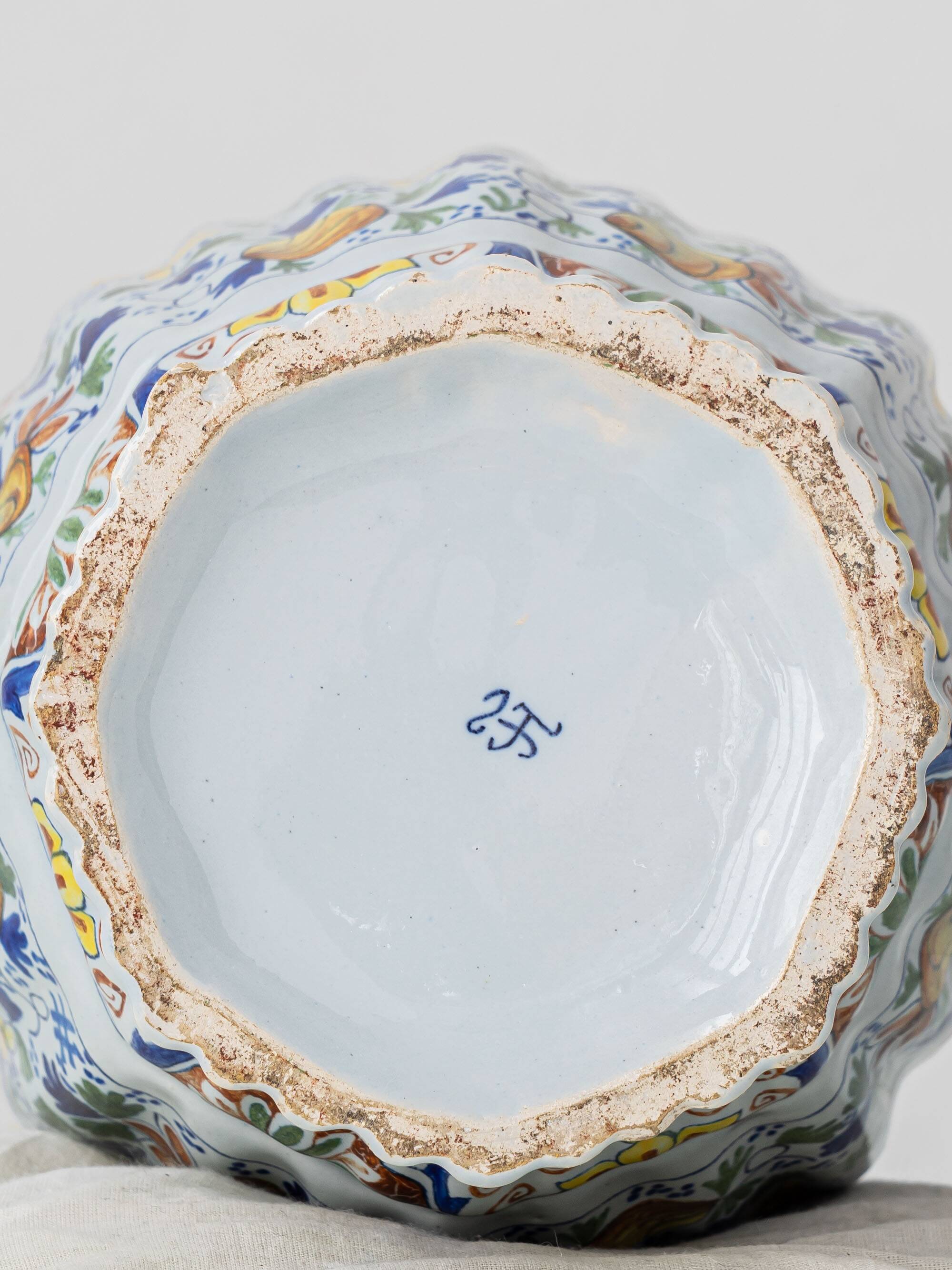Polychrome Dutch Delft Table Lamp, Tichelaar Makkum, with New Loose Pleat Silk Shade
