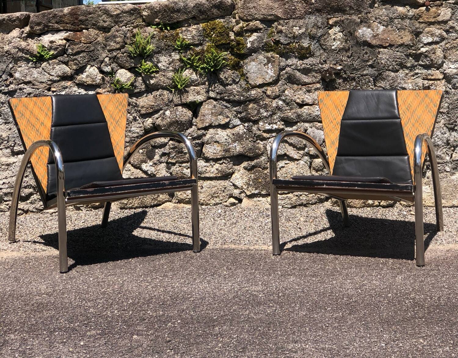 Pair of 2 atypical armchairs wood, chrome and leather vintage 1980