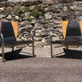 Pair of 2 atypical armchairs wood, chrome and leather vintage 1980