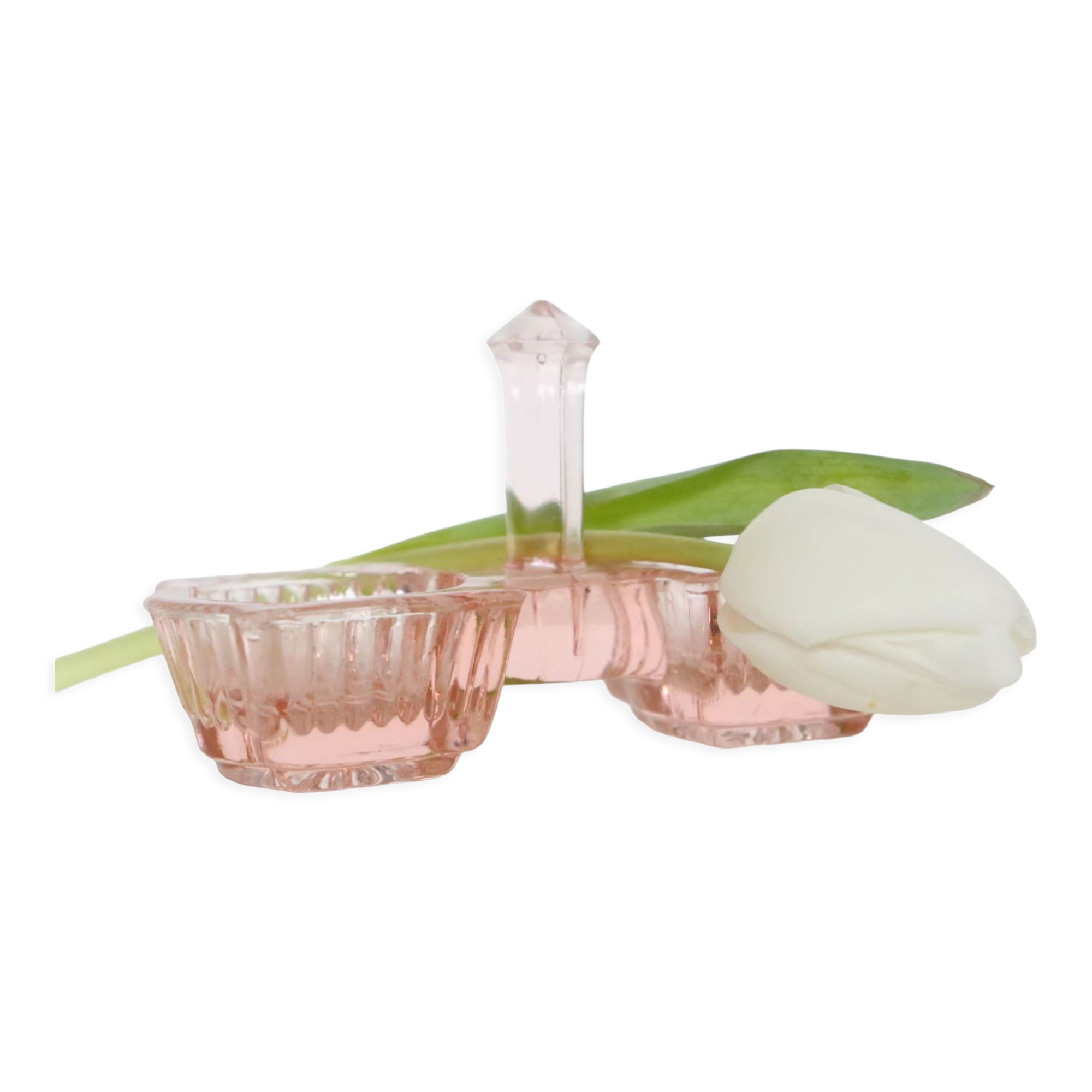Servant salt pepper in pink glass, molded glass, vintage french, authentic