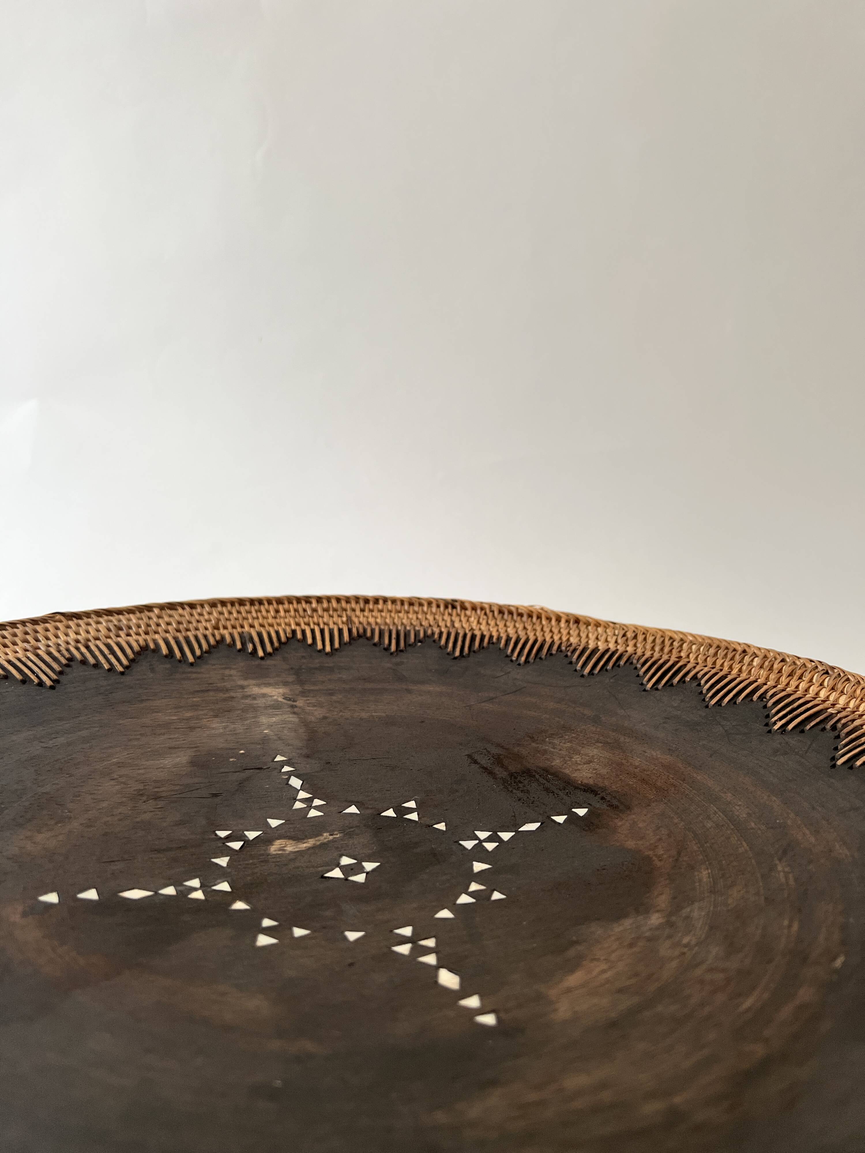 Large basket/trinket tray in blackened wood, wickerwork & mother-of-pearl