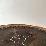 Large basket/trinket tray in blackened wood, wickerwork & mother-of-pearl