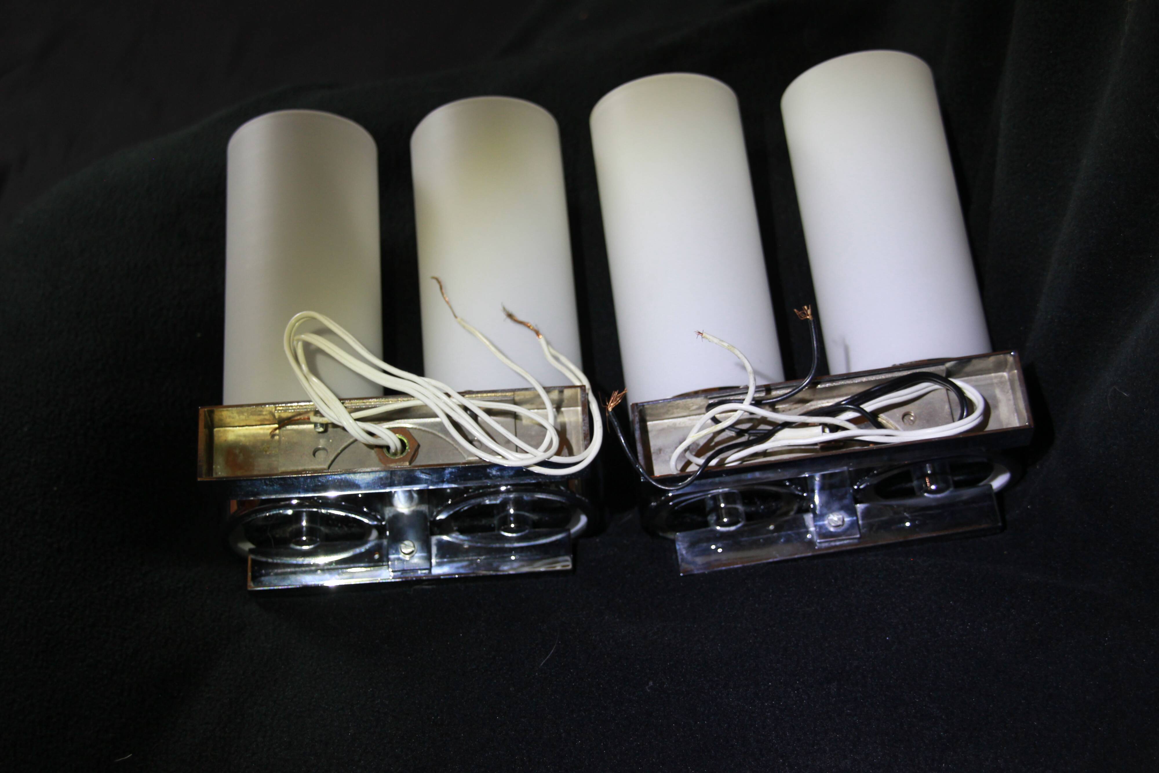 Pair of Modernist wall lights in chrome and double opaline metal, France, Mid-century.