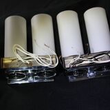 Pair of Modernist wall lights in chrome and double opaline metal, France, Mid-century.