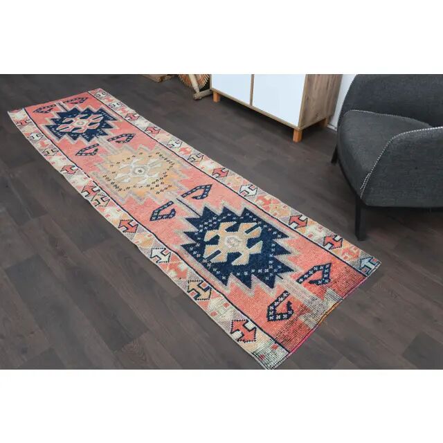 1970s Turkish Oushak Handmade Wool Cotton Pink Runner Rug 82x285