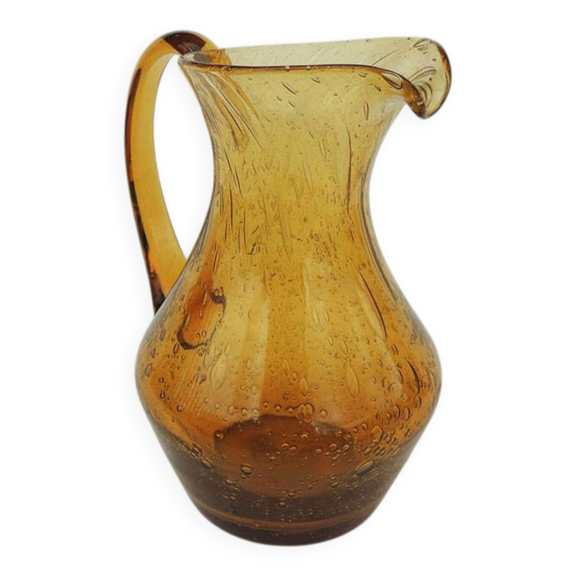Ancienne carafe en verre à bulles ambre de style Biot