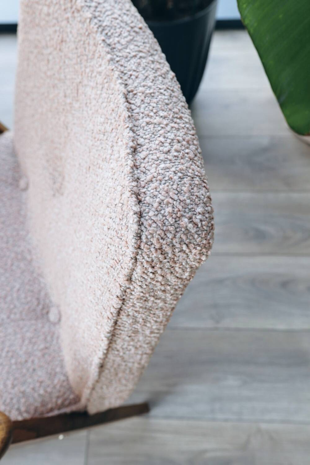 Vintage armchair in oak wood with powder pink boucle design by Chierowski.