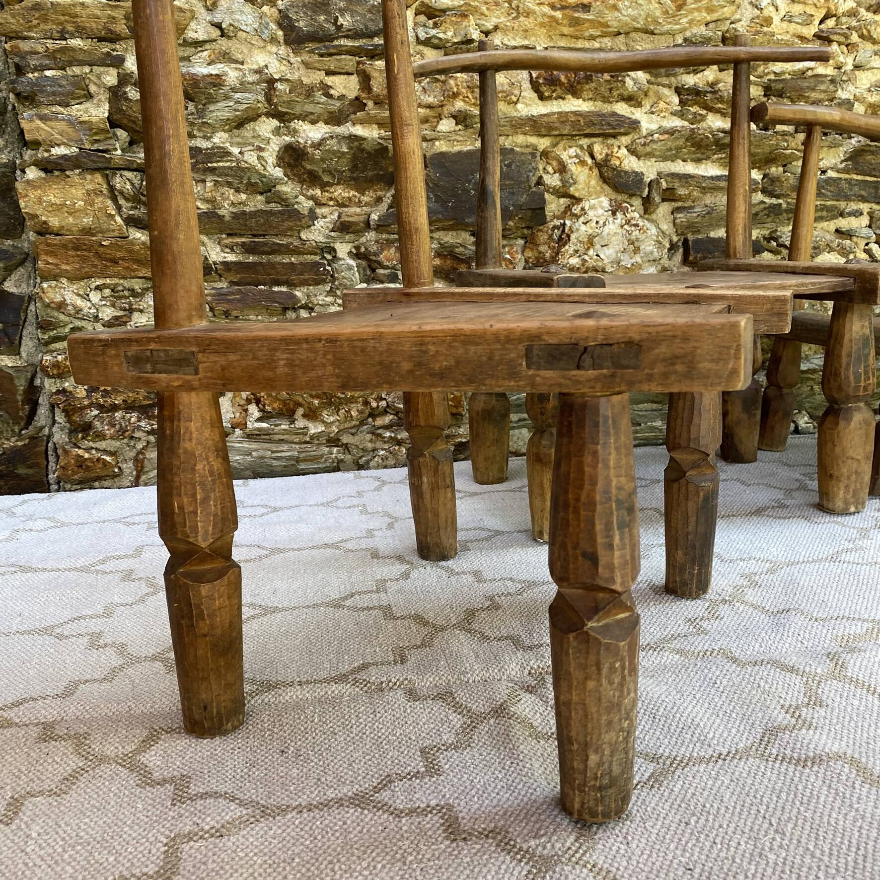 Ancient Baoulé African chairs in carved wood, Wabi-Sabi.