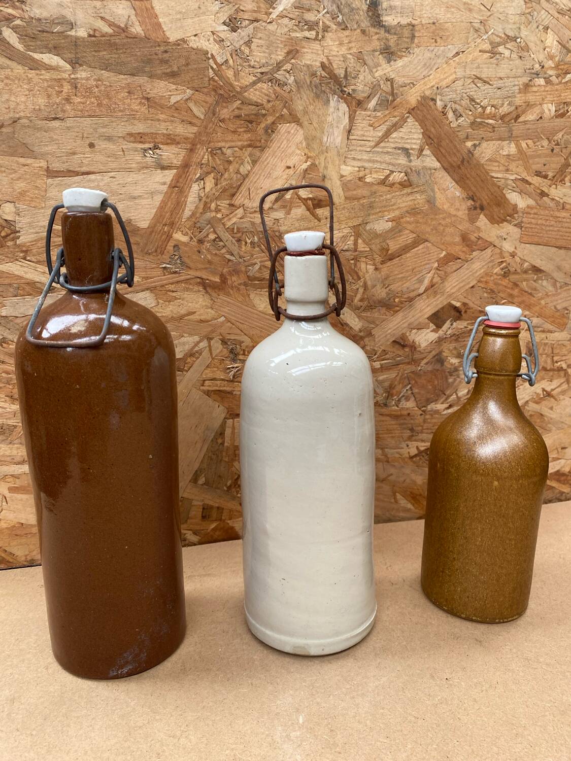 Set of 3 old brown & white stoneware bottles vintage kitchen