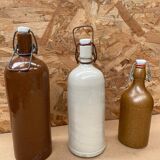 Set of 3 old brown & white stoneware bottles vintage kitchen