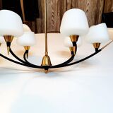 Chandelier Arlus laiton metal opalines blanche years 50