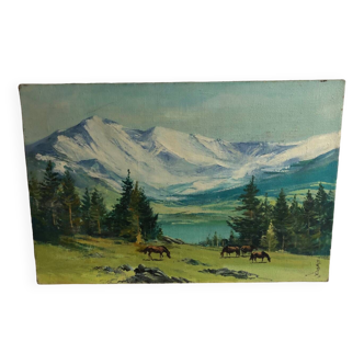 Mountains and horses painting