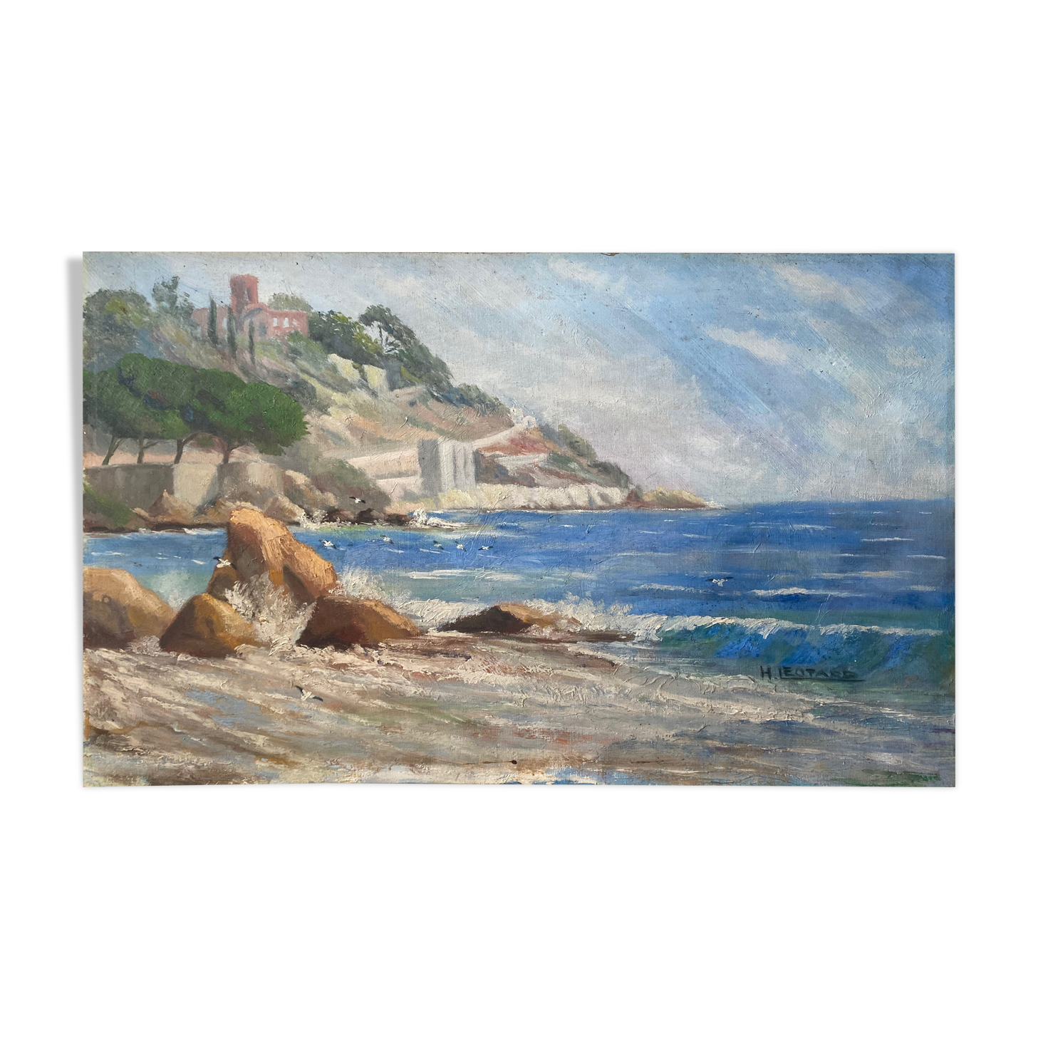 Painting HST Marine "Mediterranean seaside" signed H. Léotard panoramic