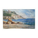 Painting HST Marine "Mediterranean seaside" signed H. Léotard panoramic