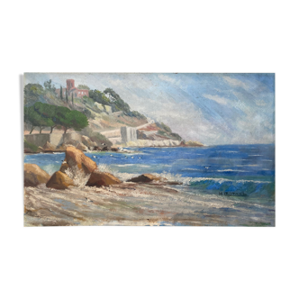 Tableau HST Marine "Bord de mer méditerranéen" signé H. Léotard panoramique