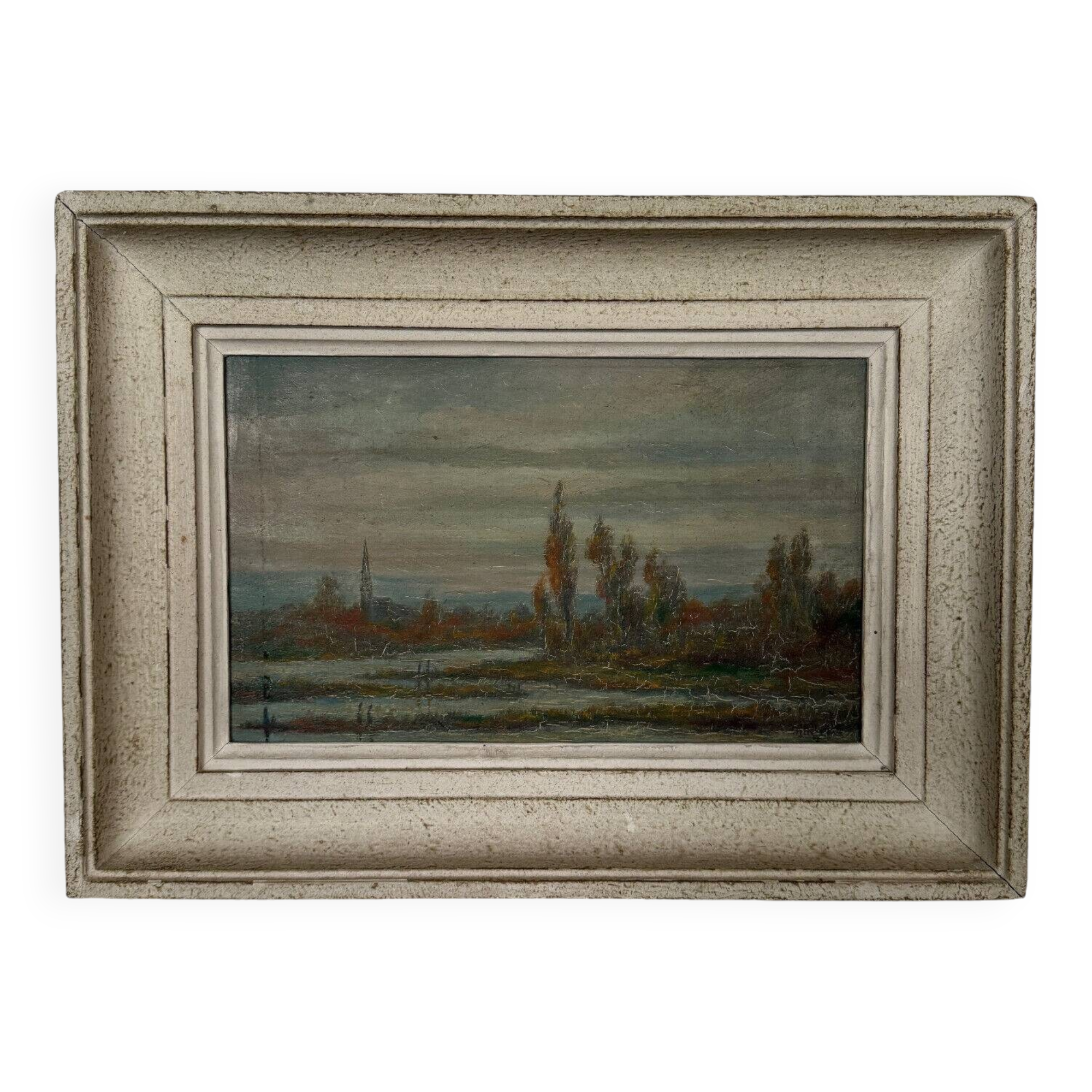Oil on panel by R. Holvoet landscape banks of the Vire 1967