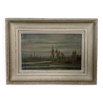 Huile sur panneau par R. Holvoet paysage bords de la Vire 1967
