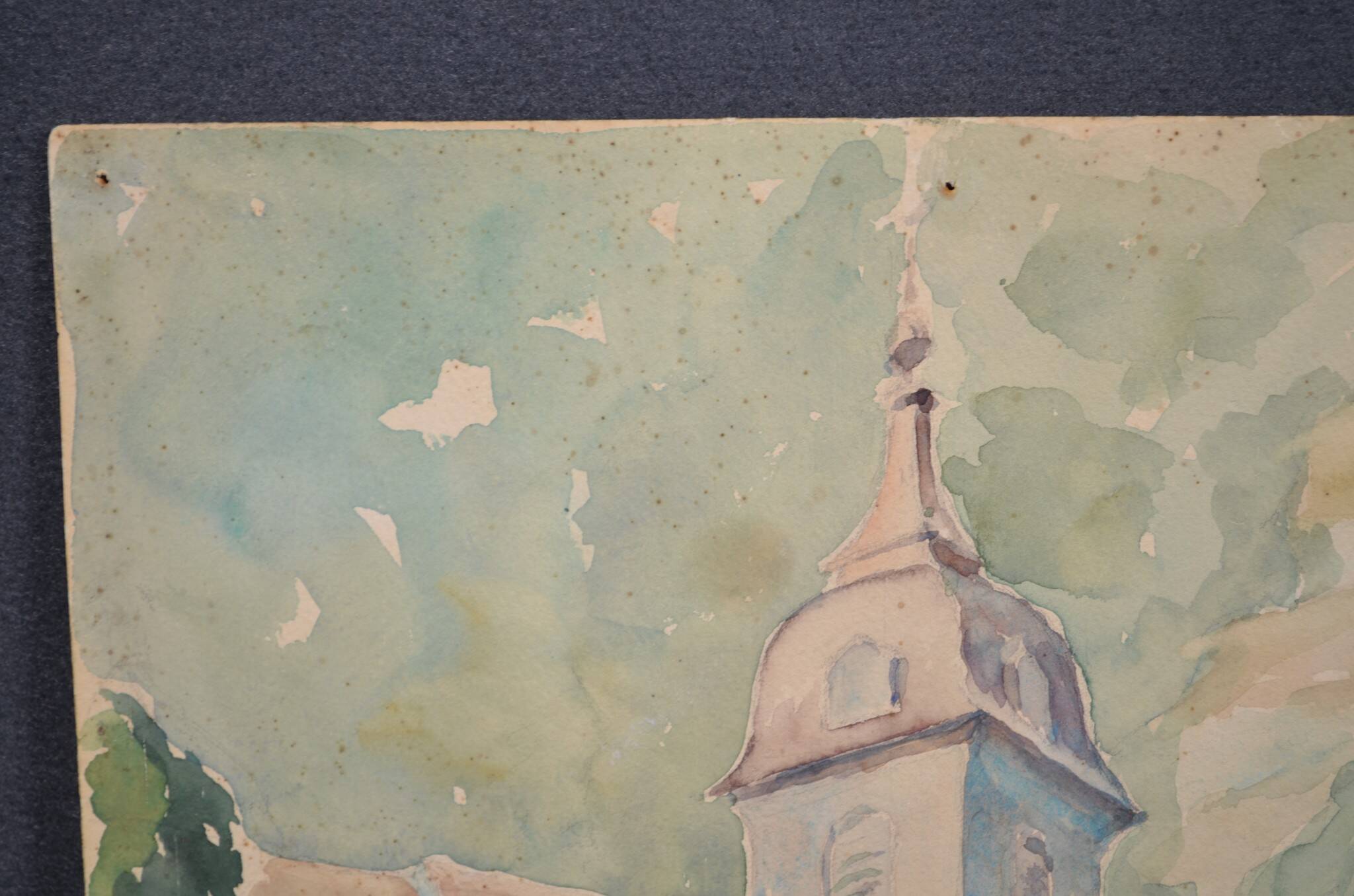 French school 20th century "the village church" watercolor, dated 1944