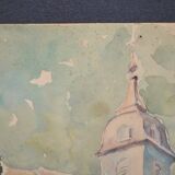 Ecole française XXème siècle "l'église du village" aquarelle, datée 1944