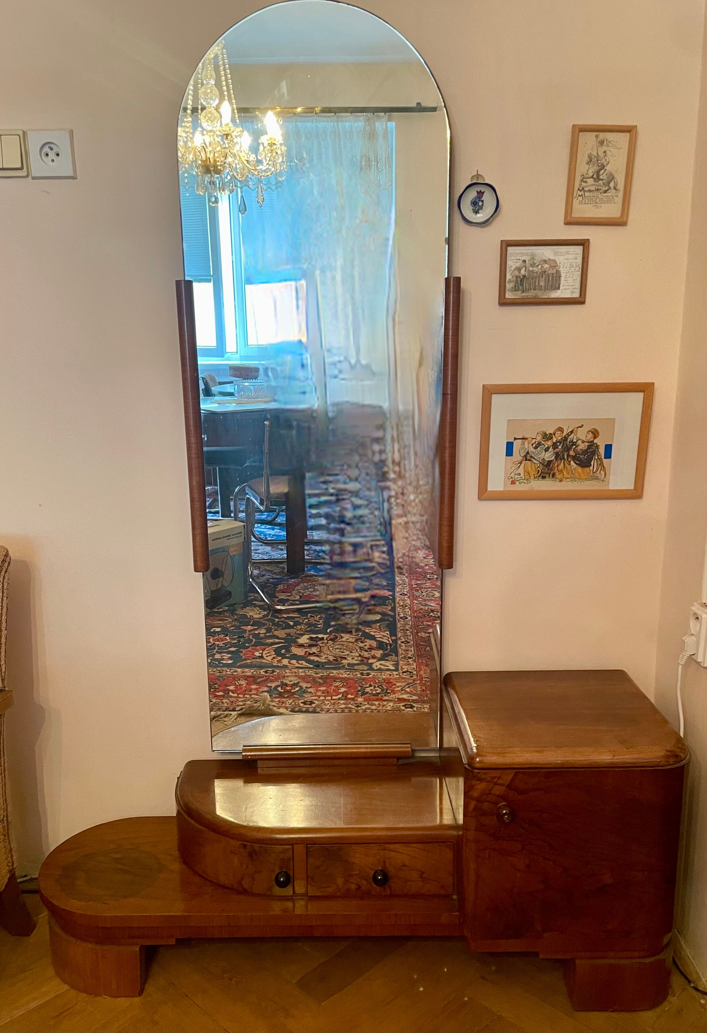 Miroir vintage Art déco avec tiroirs,Tchécoslovaquie années 1930