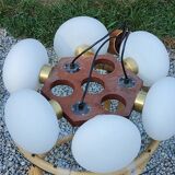 Scandinavian teak and white opaline chandelier with 6 lights from the 70s