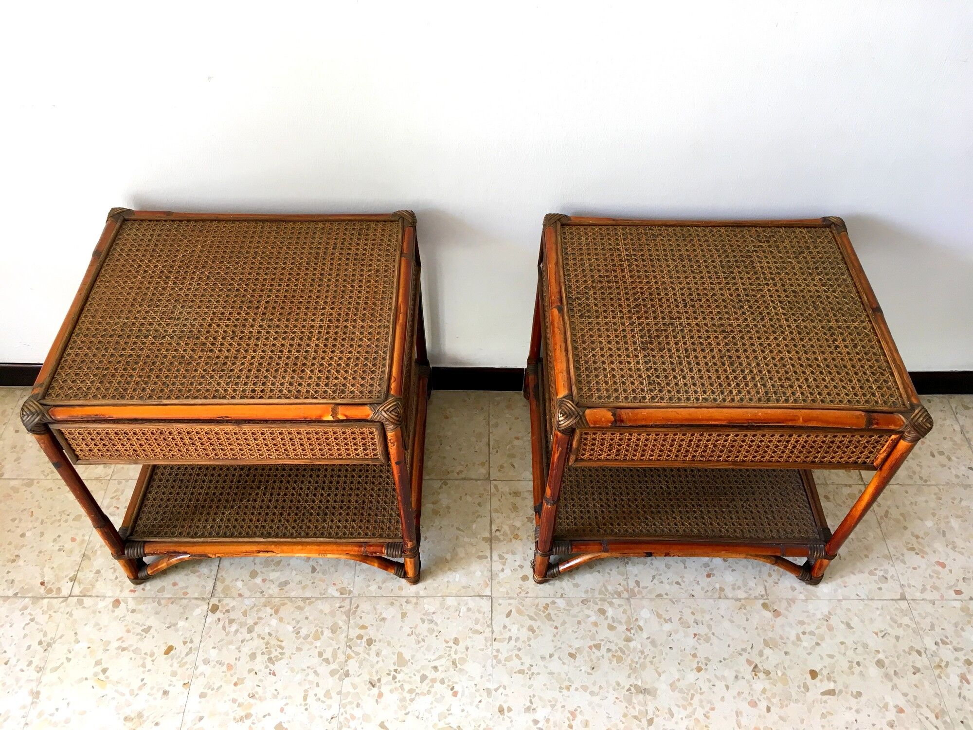 2 vintage rattan bedside tables 70's