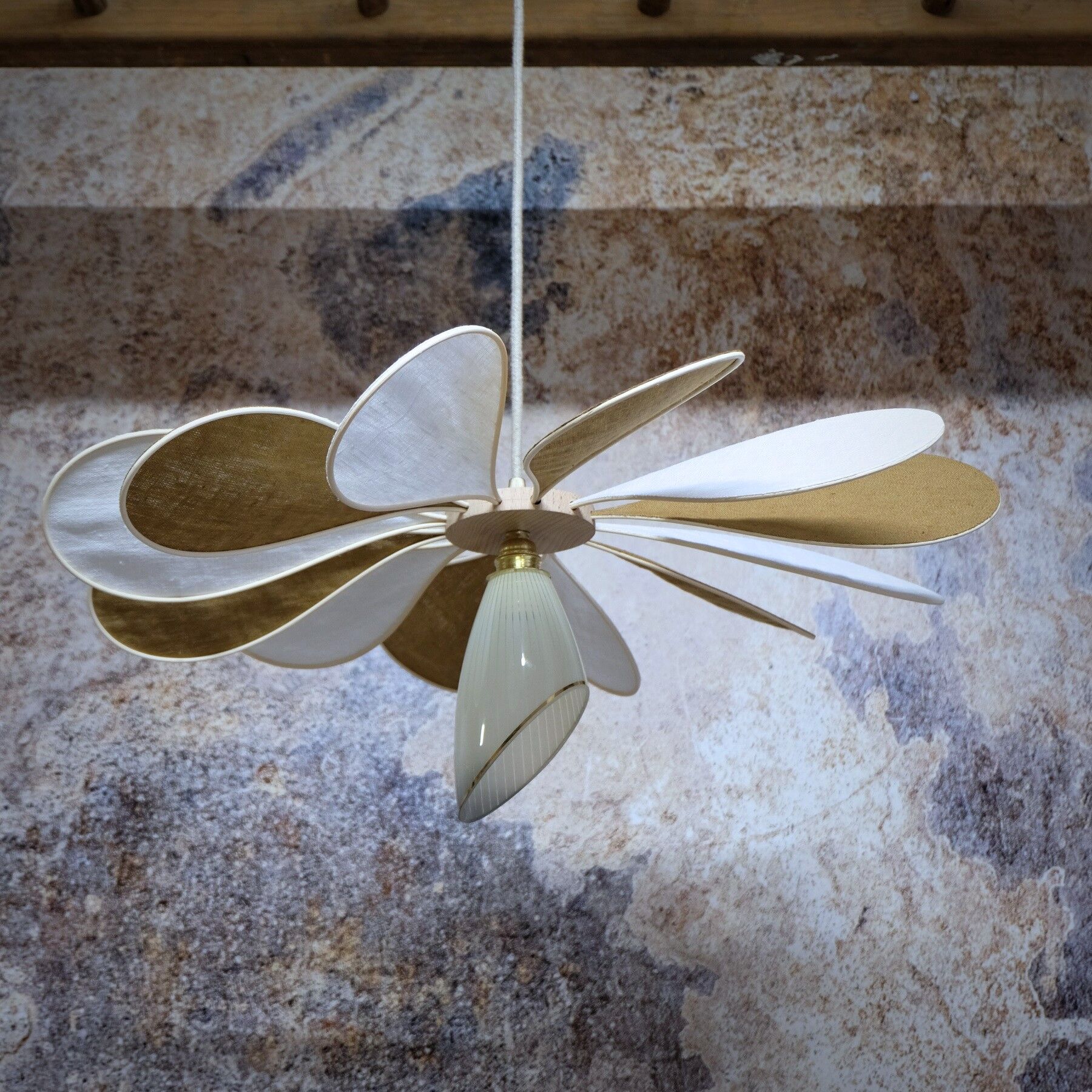 Linen suspension, rattan and vintage old globe