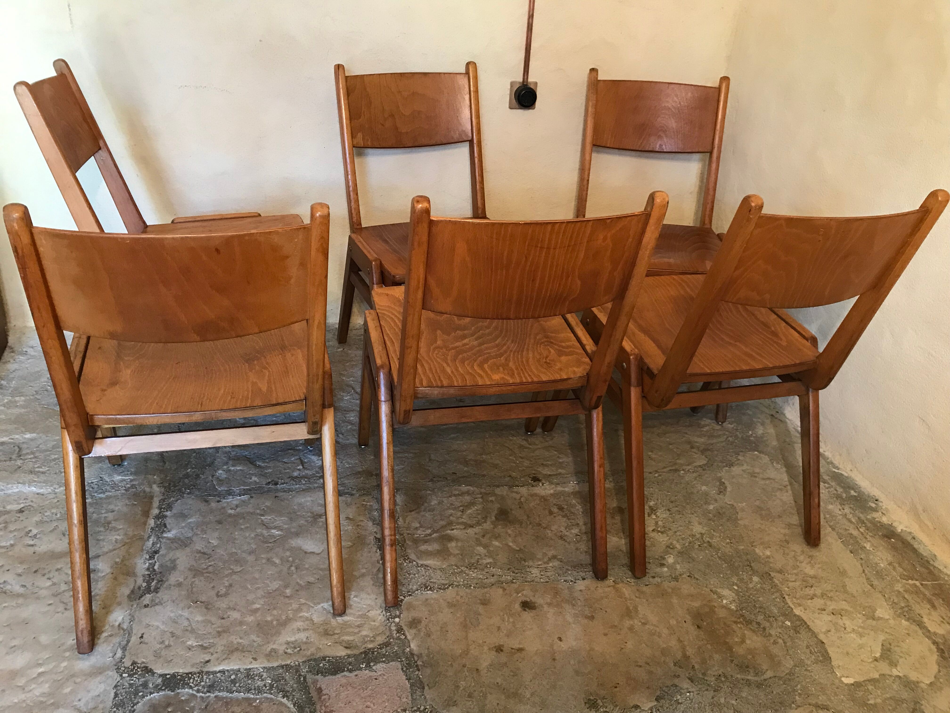 Set of 6 stackable chairs wood feet compass Germany 1960's