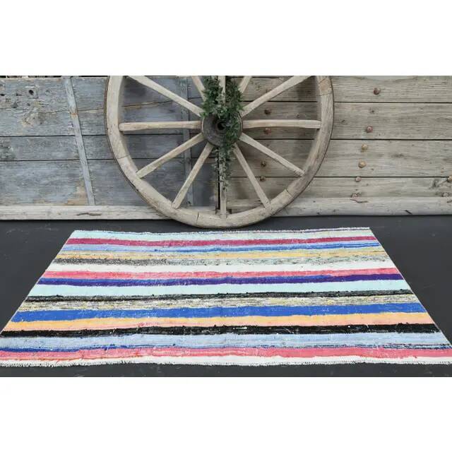 Vintage Turkish Oushak Handmade Wool Cotton Blue Area Rug 86x175