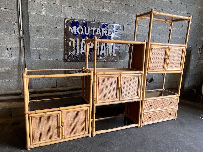 Bookcase, cannage in 3 modules and smoked glass trays - 70s