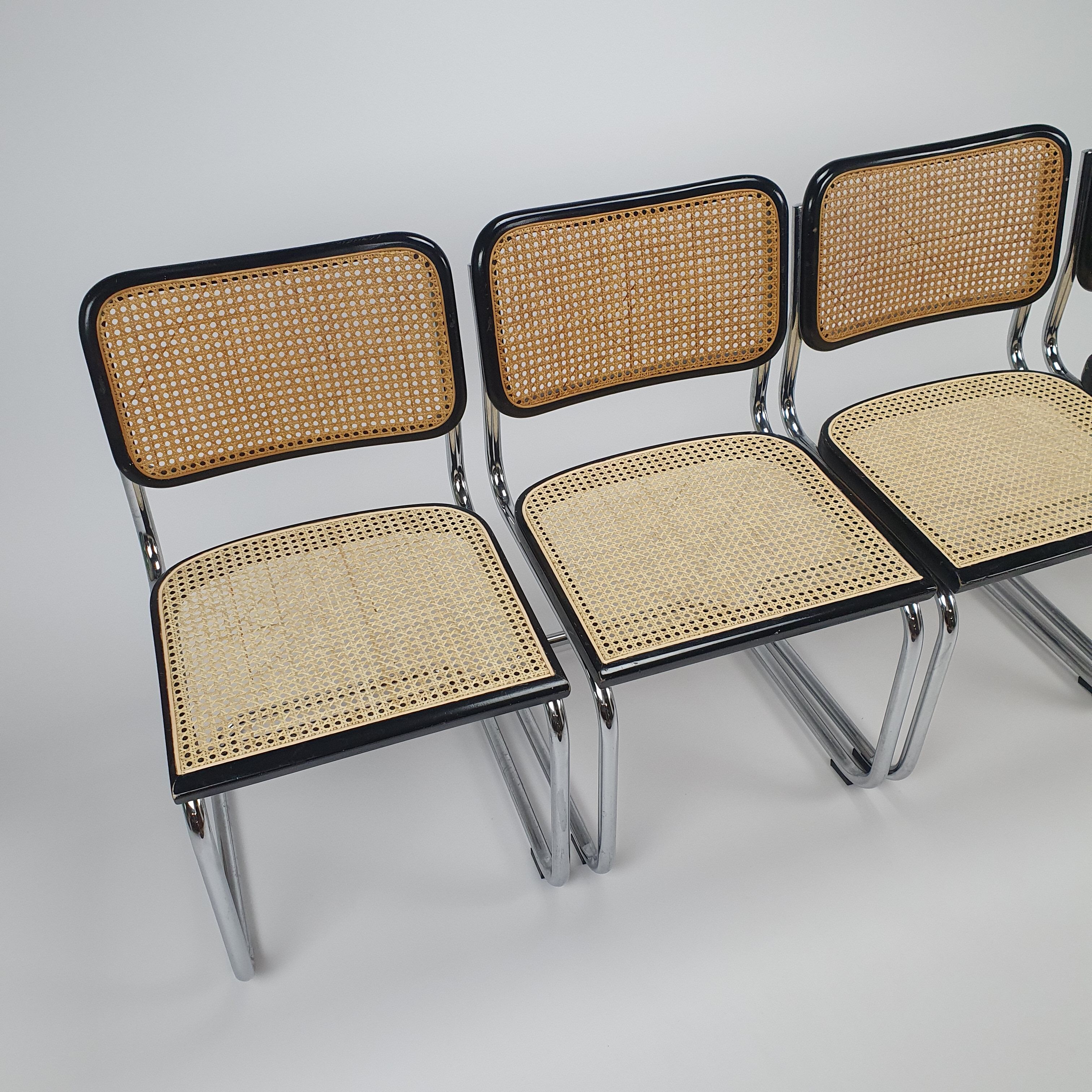Set of 4 Tubular Frame and Cane Cantilever dining chairs, Italy, 1970s