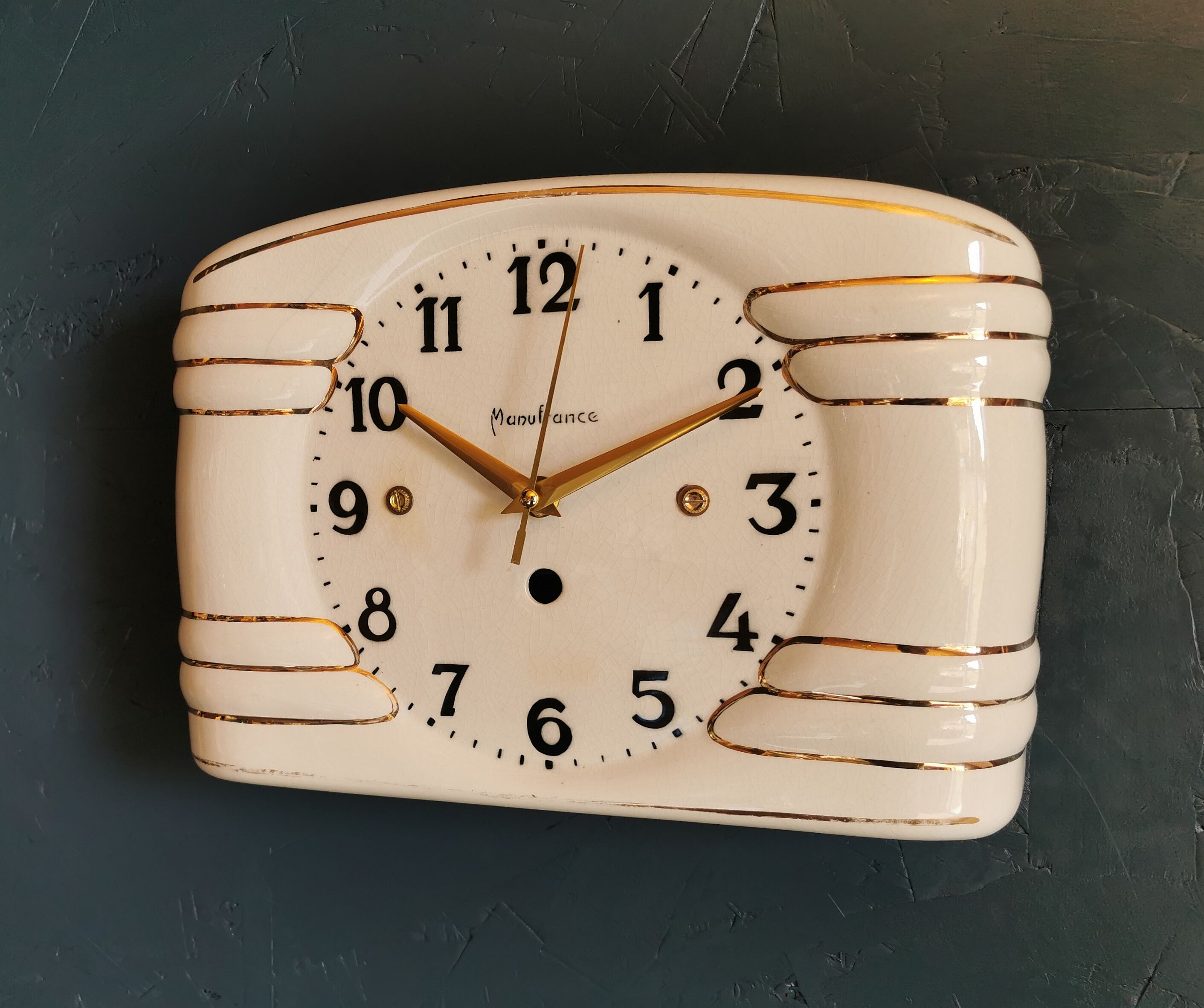 Vintage ceramic clock silent rectangular wall clock "Manufrance golden white"