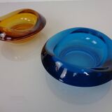 Amber and Blue Sklo Union Glass Ashtrays by Rudolf Jurnikl, Czechoslovakia, 1960s, Set of 2
