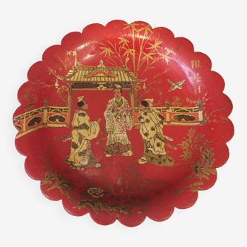 Vide-poche rouge/orange papier mache pont a mousson decor japonisant napoleon 3
