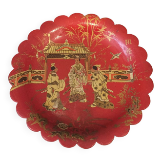 Vide-poche rouge/orange papier mache pont a mousson decor japonisant napoleon 3