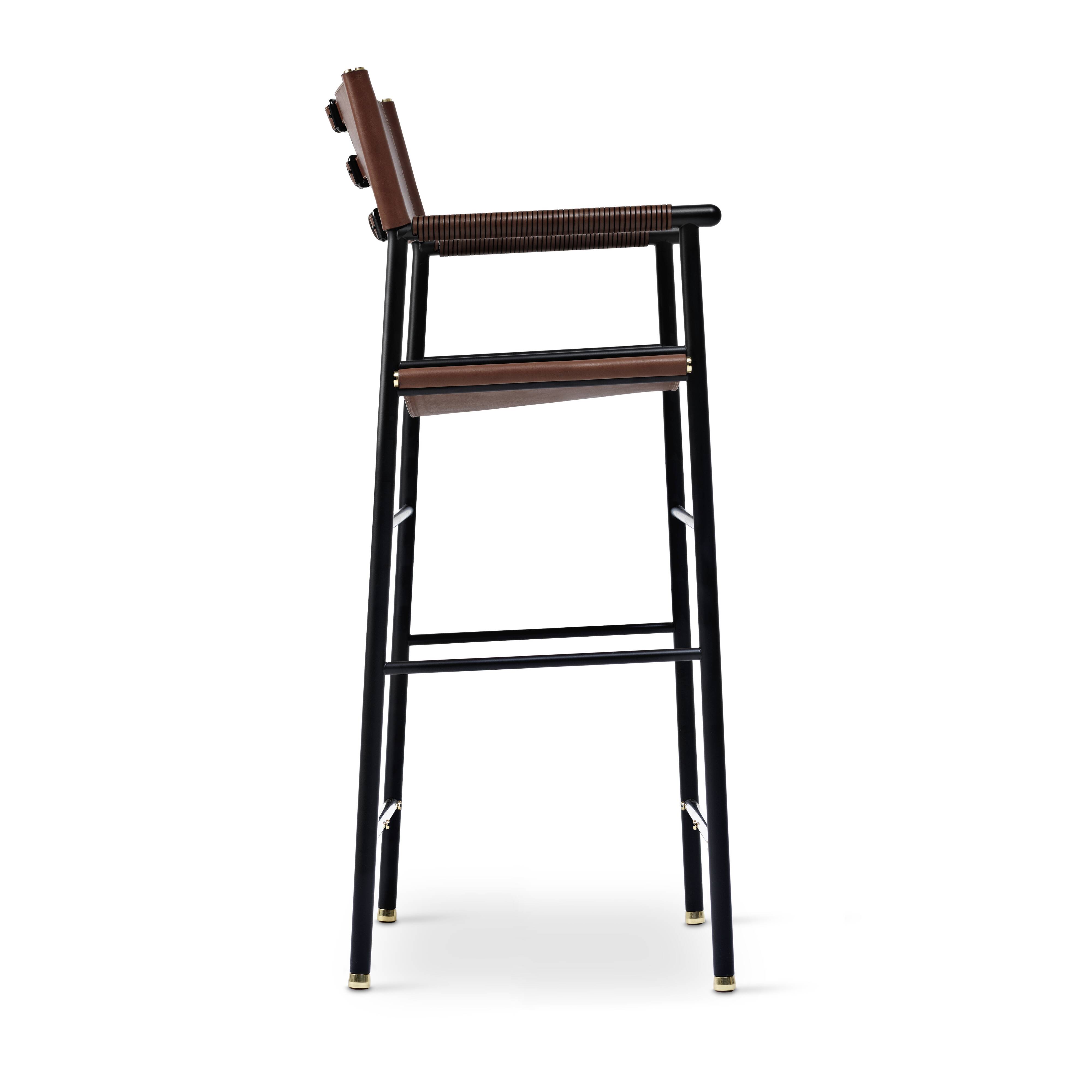 Contemporary classic bar stool with a dark brown leather backrest and black metal.